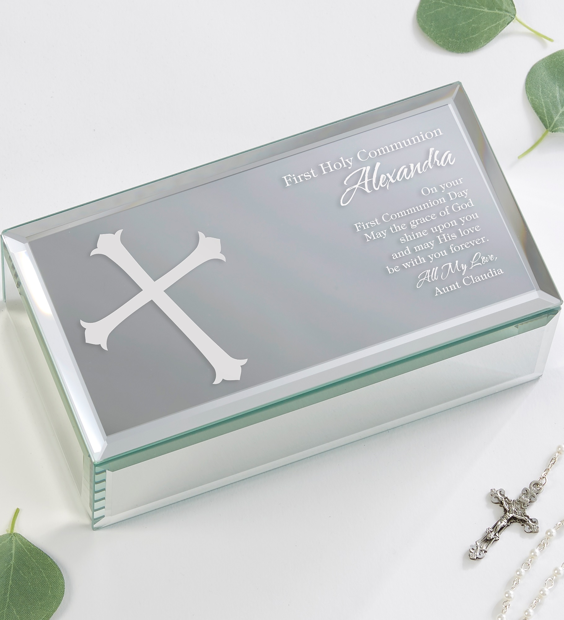 First Communion Blessing Engraved Mirrored Storage Box